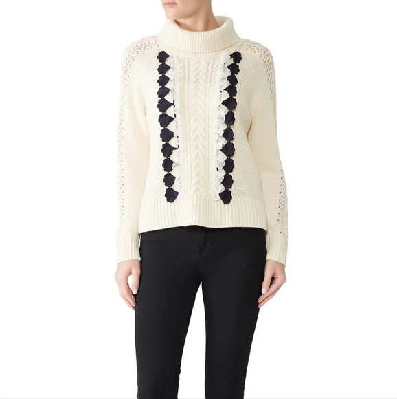 J. Crew Wool Embellished Cable Knit Turtleneck Sweater W/ Lace Detailing Ivory S - Picture 2 of 10